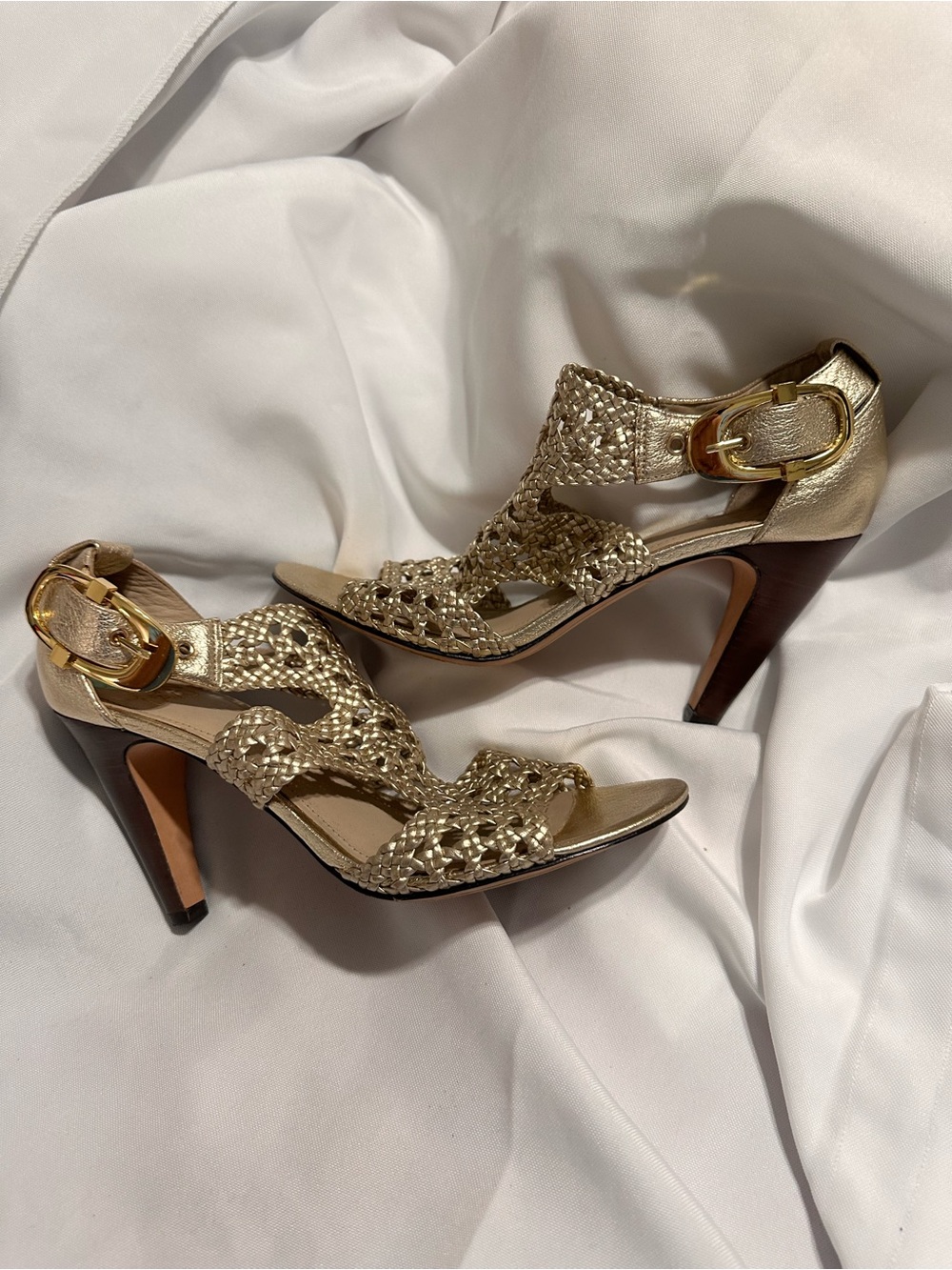 Joan & David Metallic Gold Woven Heeled Sandals